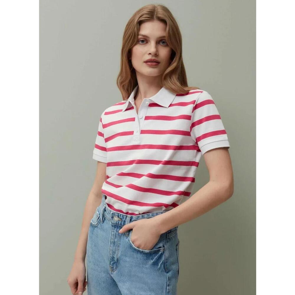 NWT Piombo Pink White Stripe Short Sleeve Pique Polo Shirt Womens US Size S - Picture 9 of 9